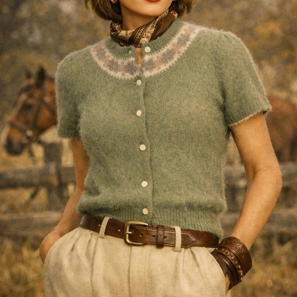 Vintage Ralph Lauren Angora Fair Isle Cardigan Sweater Button Up Rabbit Fur 90s - Picture 1 of 9